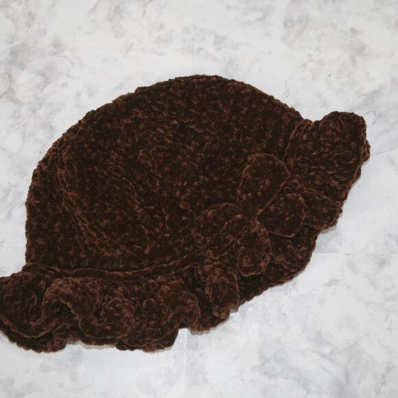 HAND CRAFTED Hat Crochet Bucket Chenille Winter Full Ruffle Brown Wide Brim - Picture 5 of 12